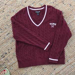 Charlotte Russe]Burgundy V-Neck Cable Knit Sweater with White Trim